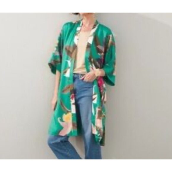 Chicos Tropical Emerald Floral Kimono Wrap L/XL Polyester Womens Lightweight Cov - Picture 13 of 13